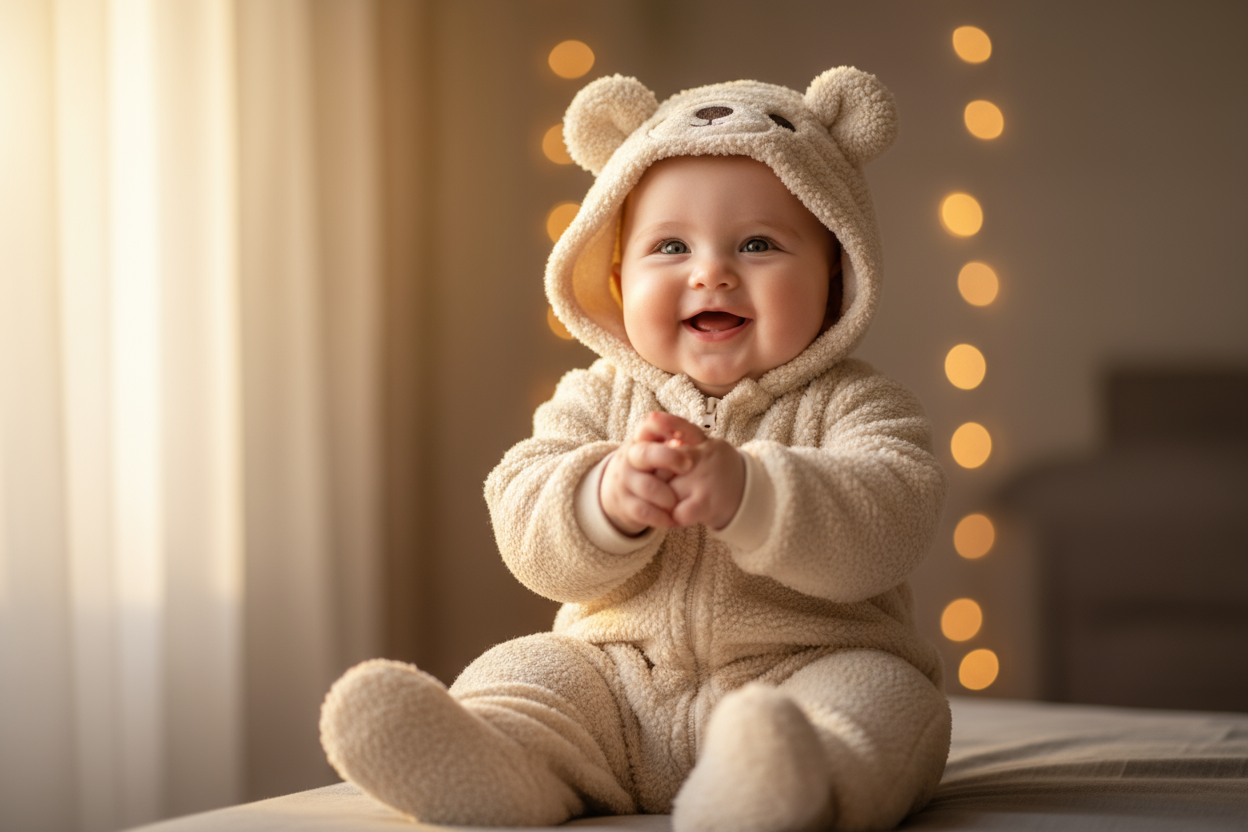 Baby in Teddybär-Jumpsuit
